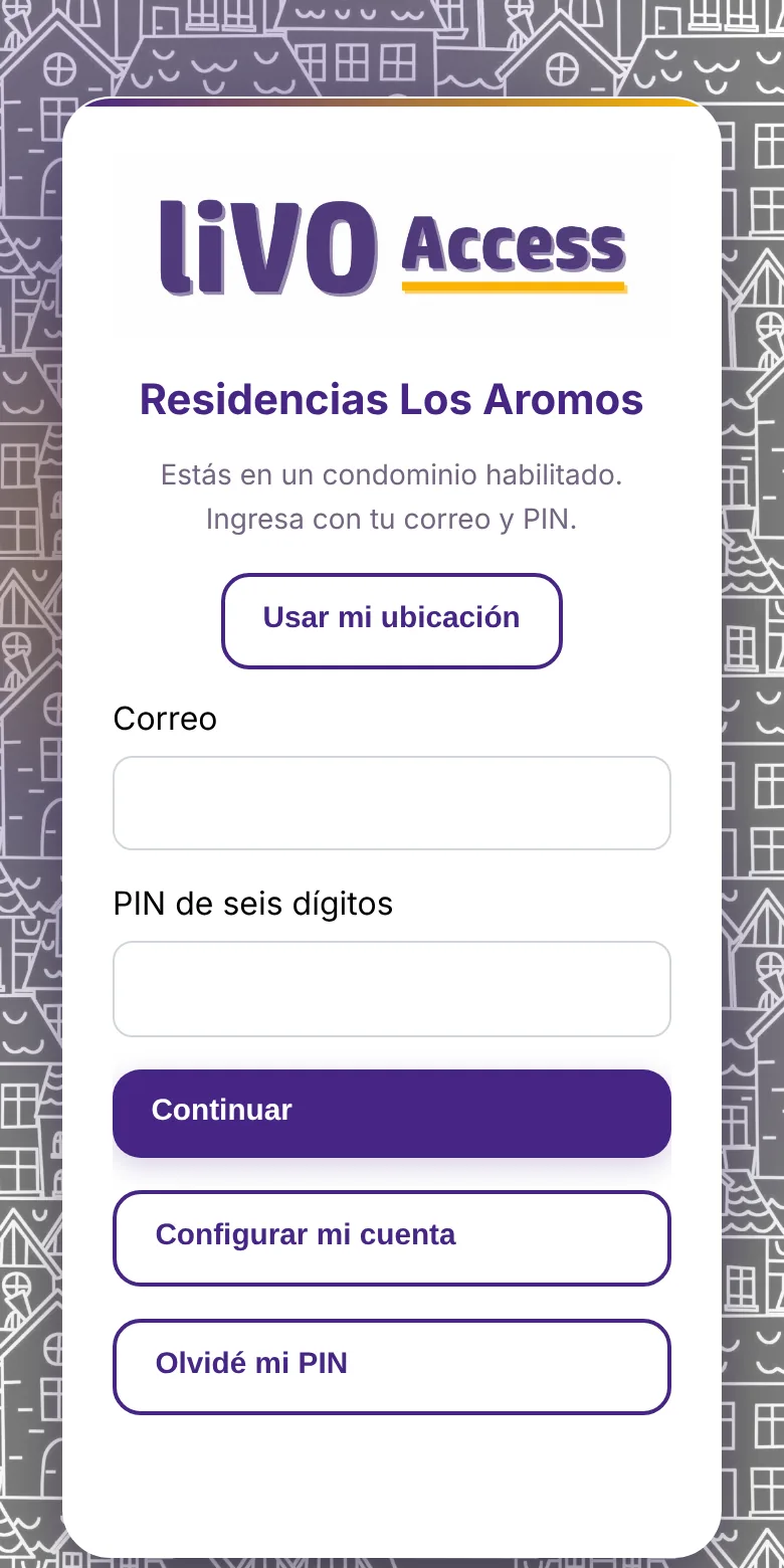 Pantalla de ingreso de liVO Access con correo y PIN