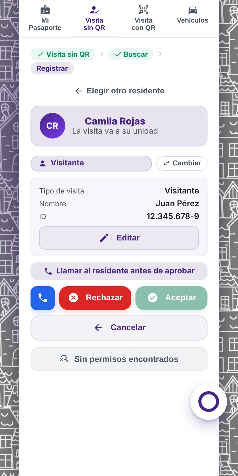 Conserjería registrando una visita sin QR y llamando al residente