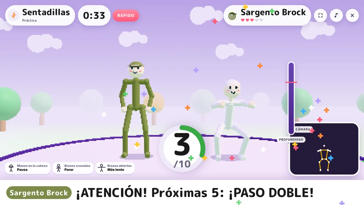 El Sargento Brock hace sentadillas junto a ti; el contador va en 3 de 10.